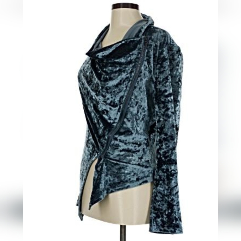 Velvet Asymmetrical Wrap Jacket – Teal/Blue Med- Blank NYC